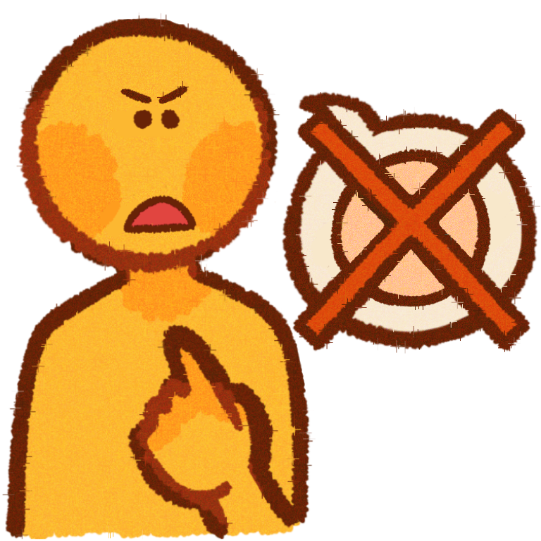 a yellow person pointing at themselves with a slight angry expression , with a speech bubble next to them with a circle with a light skin skintone & a X over it .